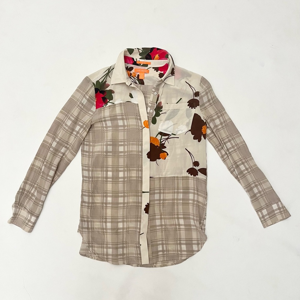 Joe Fresh Tartan Plaid Floral Silk Blouse size small tan, orange, pink